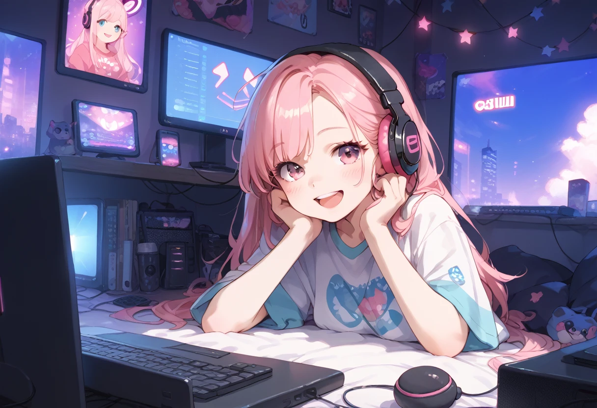 Long ash pink hair, random colored eyes, girl, happy, small, cute, big shirt, computer, gaming, rgb lights, headphones, computer bacground
