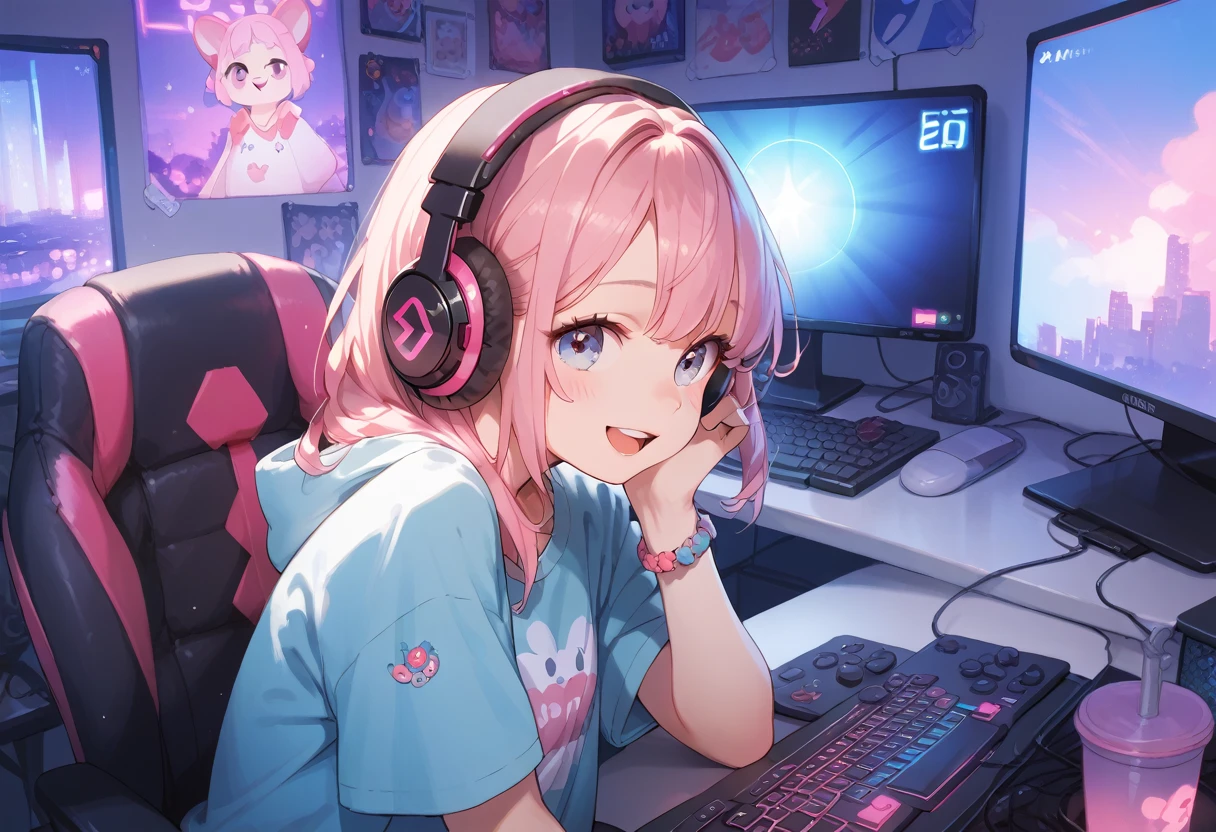 Long ash pink hair, random colored eyes, girl, happy, small, cute, big shirt, computer, gaming, rgb lights, headphones, computer bacground