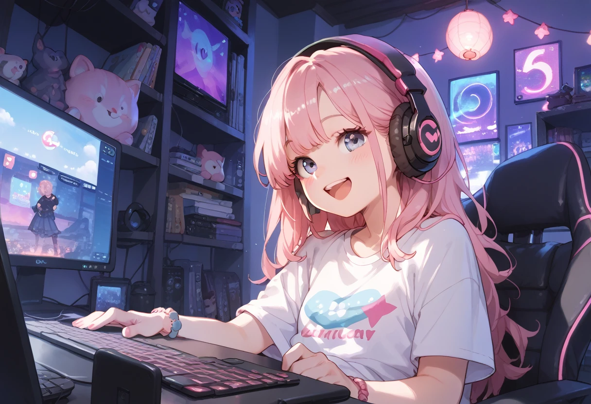 Long ash pink hair, random colored eyes, girl, happy, small, cute, big shirt, computer, gaming, rgb lights, headphones, computer bacground