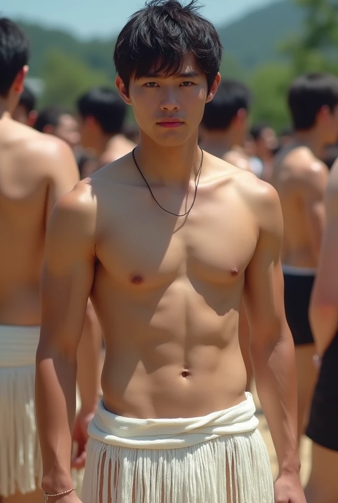Cute and handsome young man、、Japanese、Mash Hair、Completely naked、Full nudity、erection、Huge penis、A small white loincloth、The woman next to me is pulling on my loincloth.、Surprised expression、Summer festival