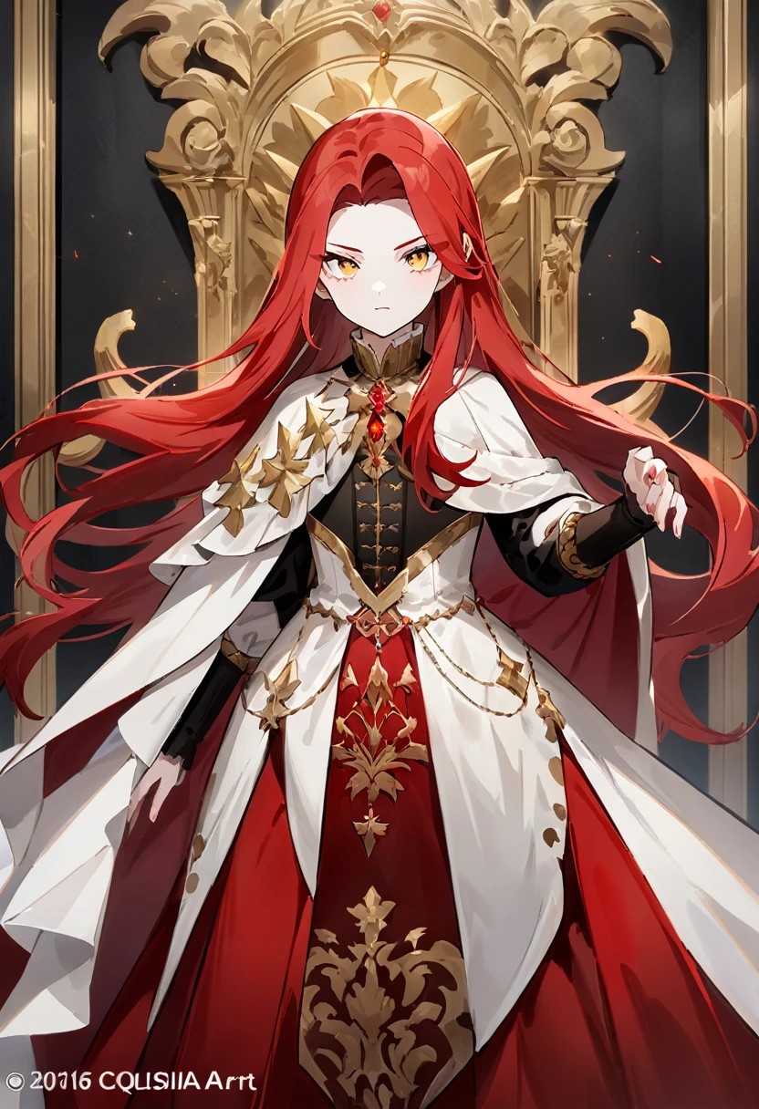 (work of art, Maximum quality, best qualityer, offcial art, beautiful and aesthetic:1.2) A Young Vampire of Royal Blood, white skinned vampire, gold eyes, long red hair, royalty clothes, long hair