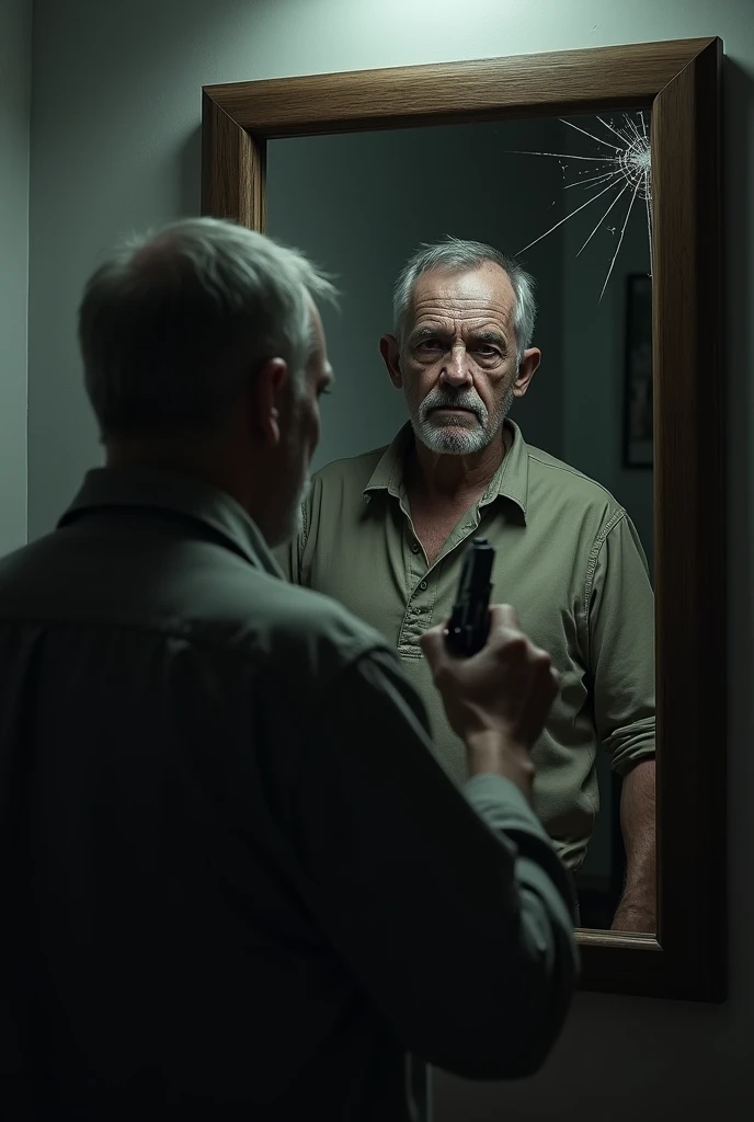 A man standing in front of a mirror, with deep sadness in his eyes, is pointing a gun at himself. His reflection is clearly visible in the mirror, but the reflection of the 
in the mirror is slightly cracked and broken. This crack symbolizes the man's emotional fragility and inner conflict." (angry look)