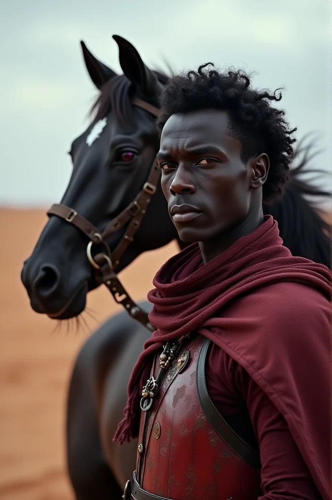 In the background a desert then a man with the matte skin in blood red armor, les chevaux noir lôg avec une tresse les yeux violets