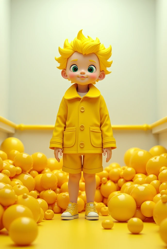 A boy in a yellow coat,yellow shorts,yellow hair,shirt Yellow,yellow hair e uma pilha de coisas amarelas ao lado dele e ele está em um quarto de hospício.
