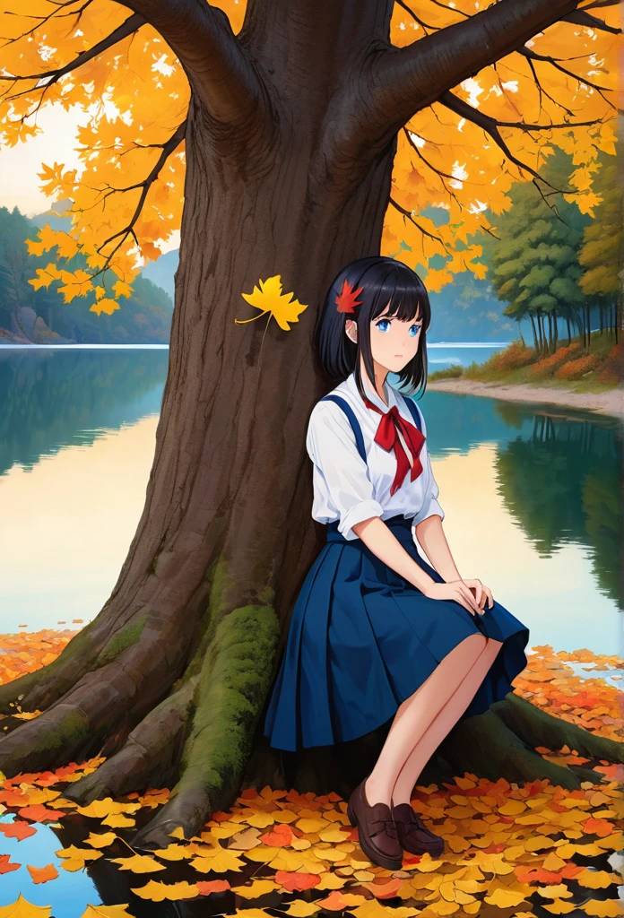 1 Girl, be opposed to_Tree, WHO_shizuha, anger_vein, autumn, autumn_Tree Leaf, bangs, only_Tree, Blue_Eye, blunt_bangs, Branches, night, skirt, come down_Tree Leaf, forest, ginkgo_leaf, Keep_leaf, lake, leaf, leaf_background, leaf_hair_Decorations, leaf_exist_head, leaf_Print, Lips, lexistg_hair, Watching_exist_Viewer, maple_leaf, nexisture, outdoor, Solitary, permanent, stexiste_lantern, Tree, exist below_Tree, black hair, teacher
