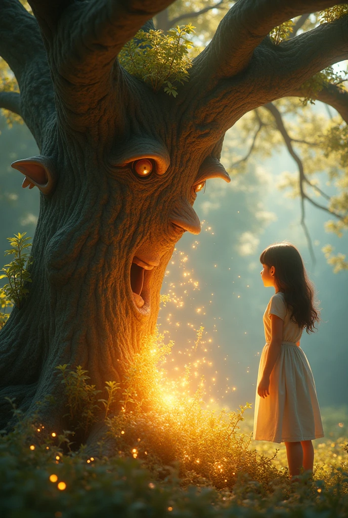 A beautiful scene and a young girl sitting in the tree's
root and singing and there is a awesome creature.The creature is looking at her. It's in front of her