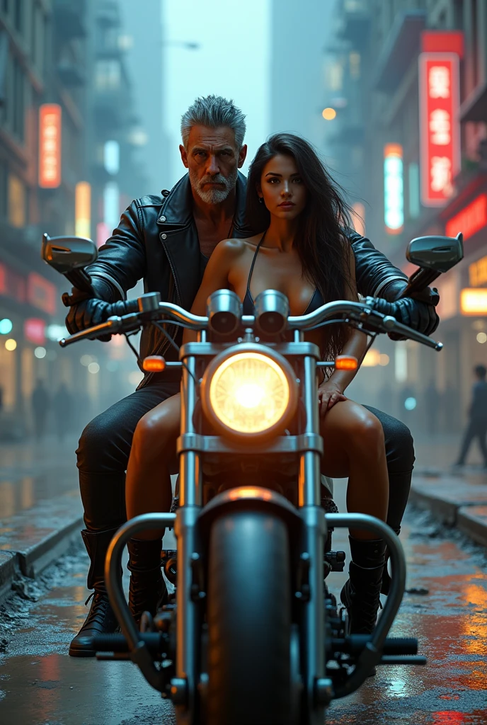 Couple motorcycle middle aged man with beautiful girl and bikini and guns cyberpunk