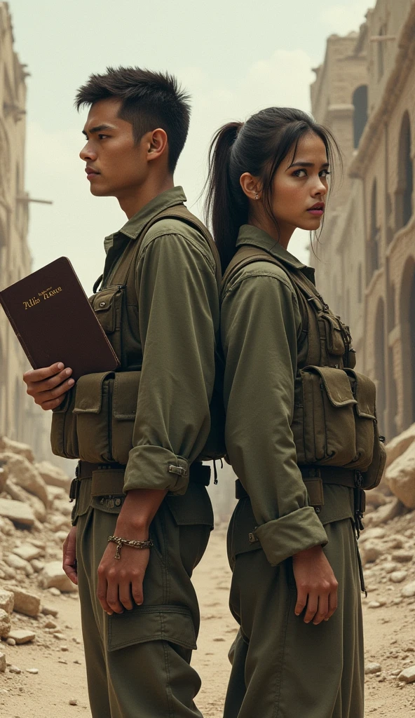 TWO YOUNG SOLDIERS (MALE AND FEMALE), back to back, with serious faces, WITH THE BIBLE INSTEAD OF A WEAPON