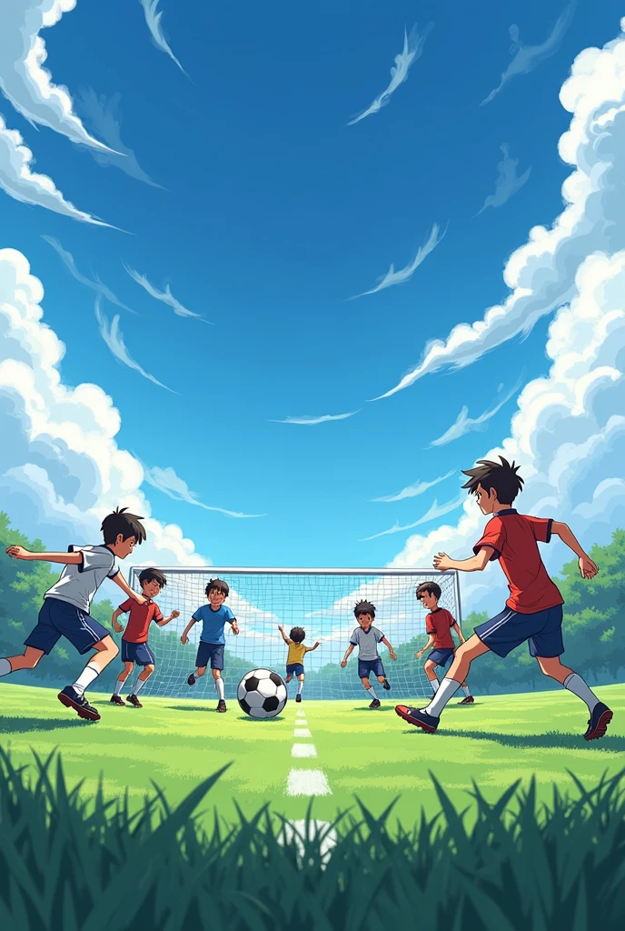 Boys playing soccer about to a goal, lots of sky space,