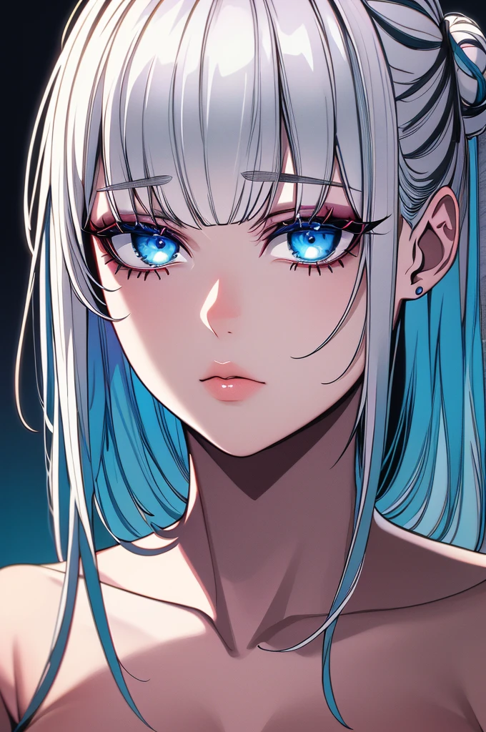 ((masterpiece)), ((ultra-detailed)), ((best quality)), ((intricate details)), ((chromatic aberration)), 1girl, hair bun, blunt bangs, makeup, black eyeliner, eyelashes, looking at viewer, silver hair, blue eyes, breasts, (two-tone hair:1.2), expressionless,