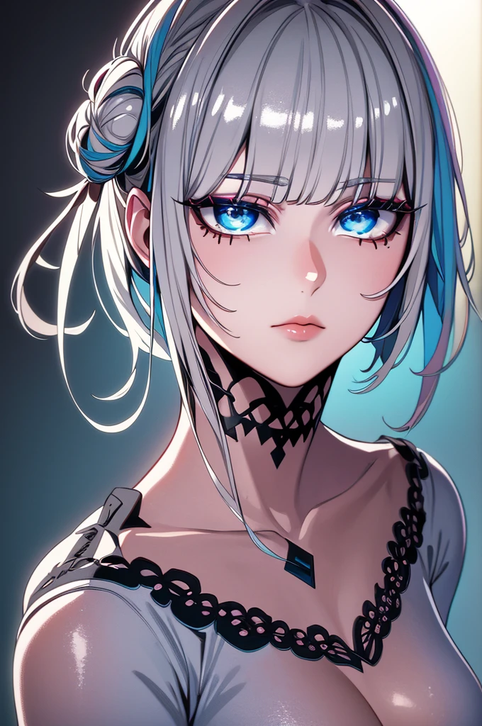 ((masterpiece)), ((ultra-detailed)), ((best quality)), ((intricate details)), ((chromatic aberration)), 1girl, hair bun, blunt bangs, makeup, black eyeliner, eyelashes, looking at viewer, silver hair, blue eyes, breasts, (two-tone hair:1.2), expressionless,