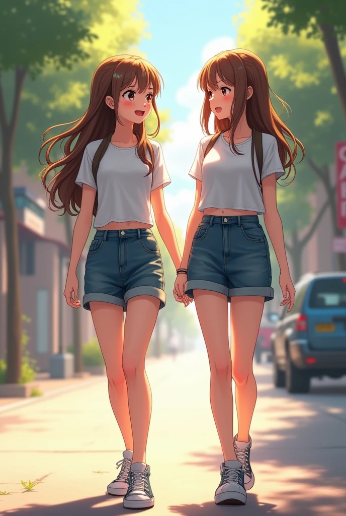 Two beautiful young woman, very beautiful with a realistic detailed face, they are walking, they are talking, they are wearing t-shirts, little skirts and sneakers, friendly vibe, anime style, realistic wide portrait