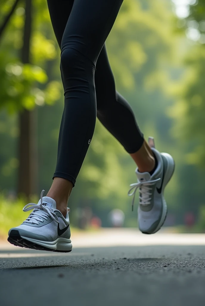 Image of a person running to the right with Nike sports shoes, side view, image fixed on his shoes as if to place on a banner, urban park background