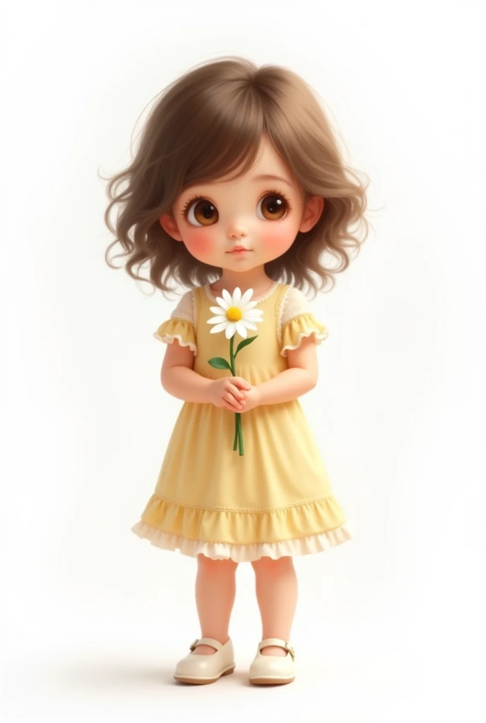  with brown hair, Caucasian skin, brown eyes child holding a flower, light yellow dress with a white ruffle, below white shoe with png background