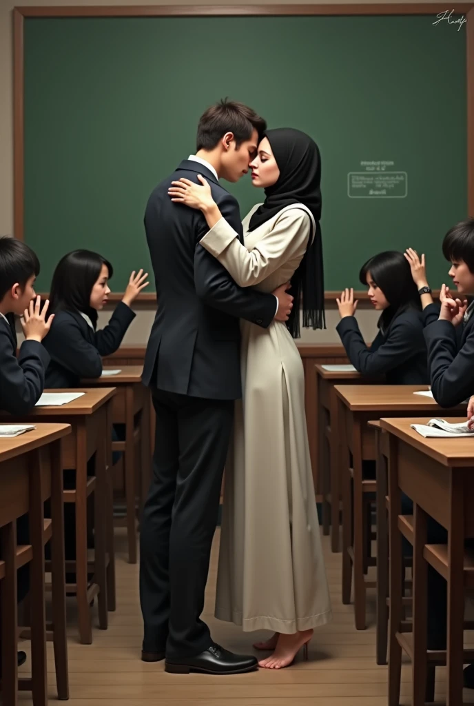 Black headscarf in class, barefoot in white long uniform, Sexy skinny female teacher kissing with a man. Other students touch the teacher behind her back.