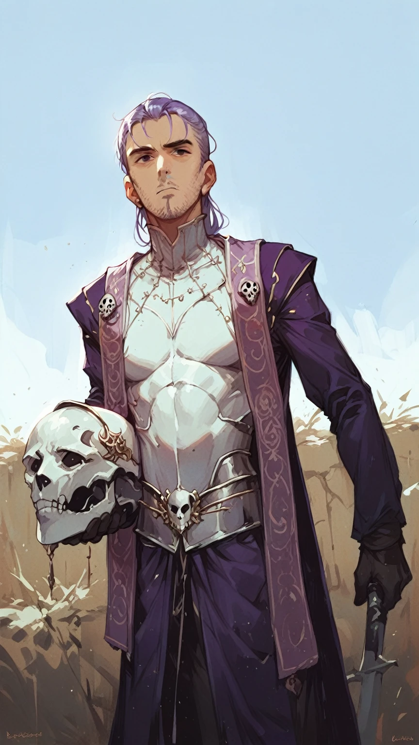 Black-skinned knight dressed in silver armor, wearing a purple tabard with a clerical stole resting on his shoulders holding a silver skull-shaped helmet