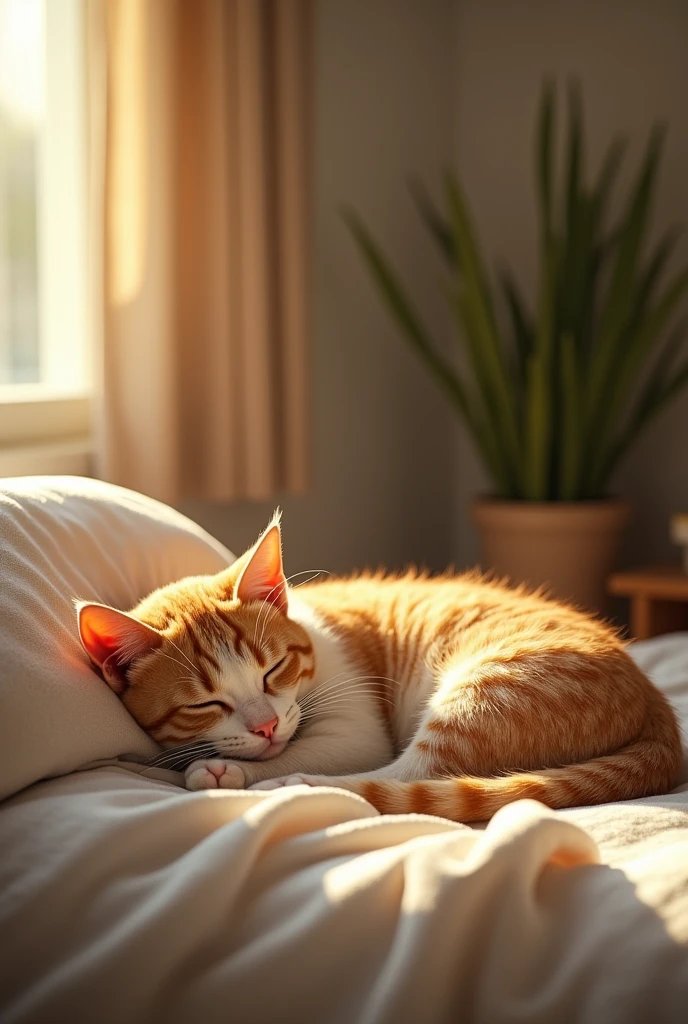 best quality,masterpiece,8k,photorealistic,ultra high res,extremely detailed,finely detail,ultra realistic,professional lighting,best shadow,sunlight,Lens Flare,Cat sleeping in bed house,You can see the dust dancing in the light.
