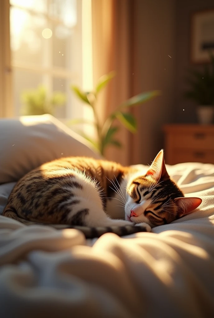 best quality,masterpiece,8k,photorealistic,ultra high res,extremely detailed,finely detail,ultra realistic,professional lighting,best shadow,sunlight,Lens Flare,Cat sleeping in bed house,You can see the dust dancing in the light.