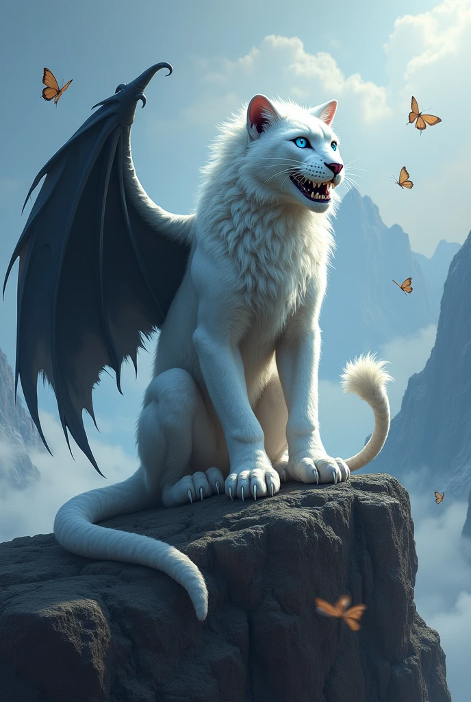 A white cat with blue eyes with a panther body and black wings, On his paws were dragon claws and on his head was lion fur with a snake tail and shark teeth sitting on a dangerous mountain with butterflies around