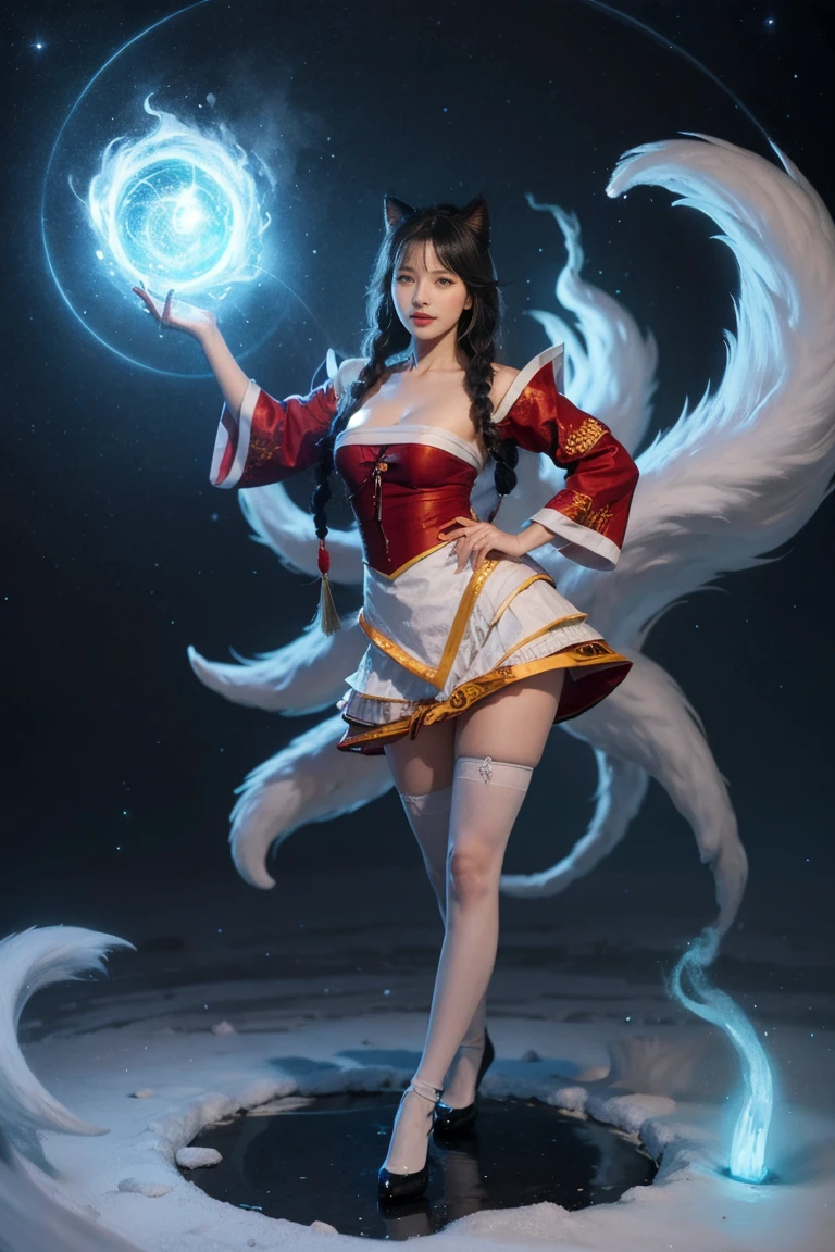 Masterpiece, Best Quality, IncrsAhri, Braids, Fox Tail, Multiple Tails, Hanbok, Skirt, (EnergyVeins: 1.4), Glow, Energy, Energy Balls, Pose, Full Body Viewed, Cleavage, Medium , Shoes