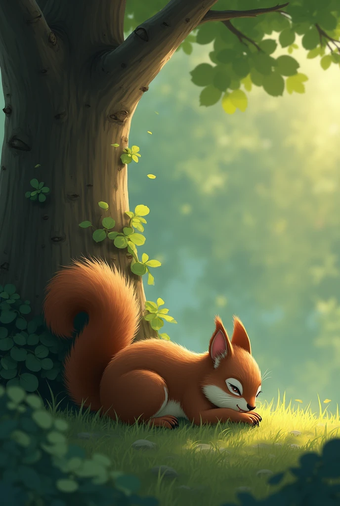 A male squirrel laying down while crying while looking at a tree