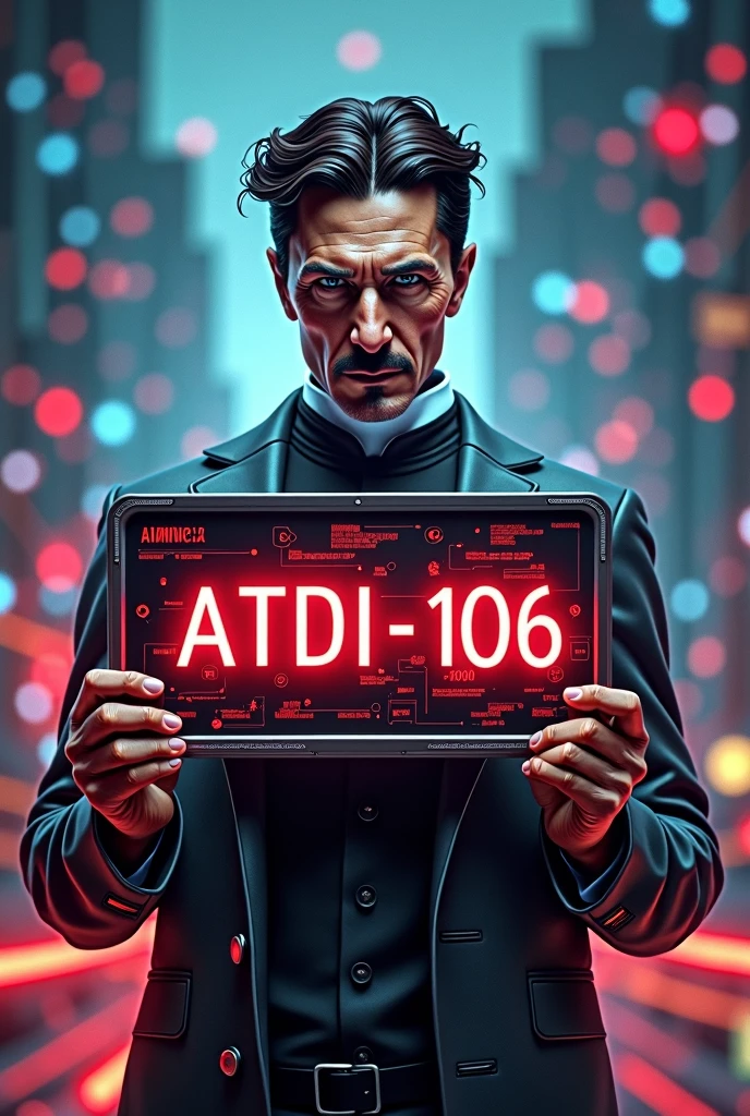 a highly detailed digital illustration of Nikola Tesla holding a sign that says "ATDI-106" against a background filled with icons representing digital tools such as rs, iot, ai, cloud, wifi, etc, cinematic lighting, 8k, photorealistic, concept art style, vibrant colors, dramatic shadows, metallic textures, futuristic, Texto Principal: "O Futuro da IA: Realidade ou Hype?" Estilo da Fonte: Negrito e grande, com cores brilhantes como azul ou vermelho para se destacar.
Texto Secundário:
Texto Adicional: "O Que a IA Generativa Realmente Pode Fazer?" Estilo da Fonte: Menor e complementar ao texto principal, em uma cor contrastante para garantir legibilidade.