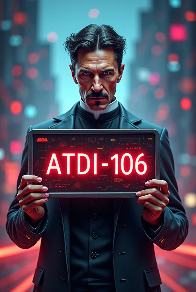 a highly detailed digital illustration of Nikola Tesla holding a sign that says "ATDI-106" against a background filled with icons representing digital tools such as rs, iot, ai, cloud, wifi, etc, cinematic lighting, 8k, photorealistic, concept art style, vibrant colors, dramatic shadows, metallic textures, futuristic, Texto Principal: "O Futuro da IA: Realidade ou Hype?" Estilo da Fonte: Negrito e grande, com cores brilhantes como azul ou vermelho para se destacar.
Texto Secundário:
Texto Adicional: "O Que a IA Generativa Realmente Pode Fazer?" Estilo da Fonte: Menor e complementar ao texto principal, em uma cor contrastante para garantir legibilidade.