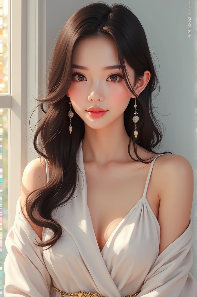 Create an AI-generated portrait of Shizuka Minamoto, a stylish beauty influencer with a sophisticated look. She should have a radiant smile, clear skin, and elegant makeup. Her attire should reflect modern fashion trends, and she should exude confidence and grace. The background should be soft and minimalist, highlighting her as the focal point