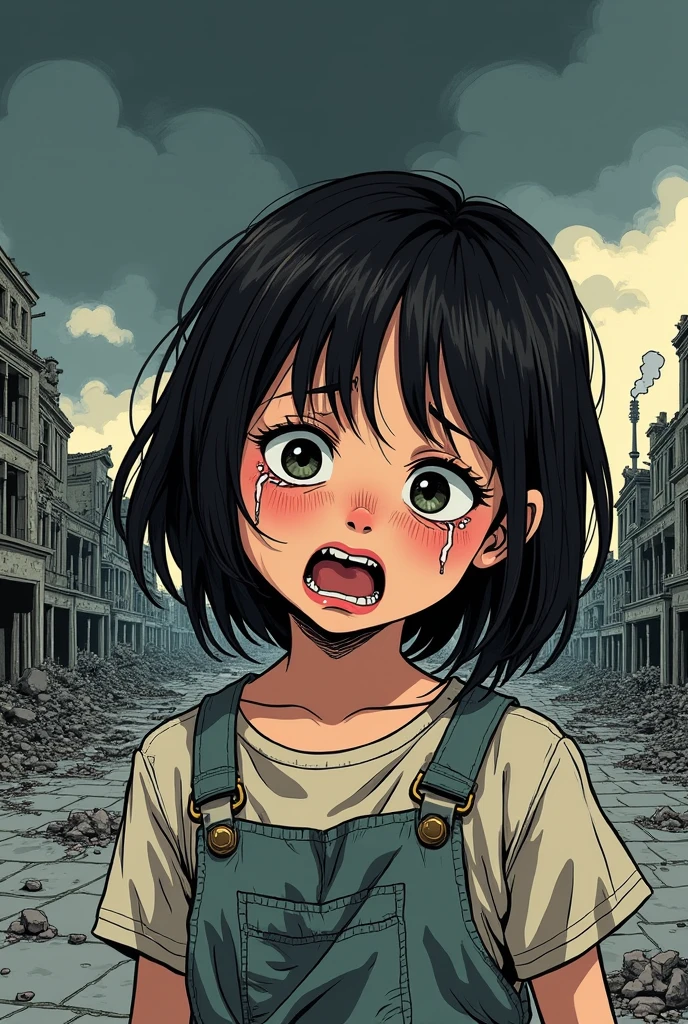 Generate a comic book style image for a comic of a crying Hiroshima child survivor, with the city still in cartoonish ruins