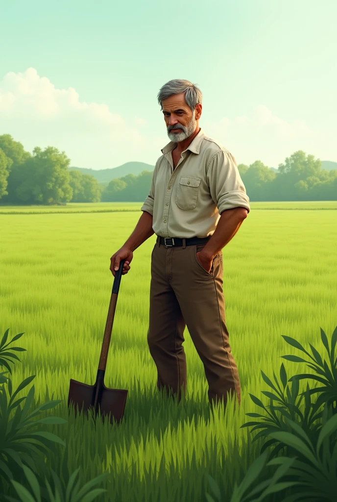 Farmer man holding a hoe white shirt and brown pants. He is in the middle of the green field, the grass is low. early