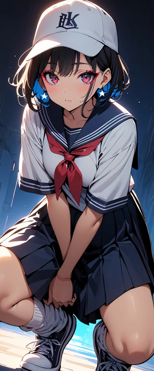 (high quality, 8k, 4K, High Contrast, masterpiece:1.2, 最high quality, Best aesthetics), (Dynamic Angle), ((1 female)),((Crouching)), ((Plain and bright background)), ((Flat Color)), Navy blue sailor suit,Navy blue pleated mini skirt,(White loose socks), Looking at the audience, (Cool look), Sleepy eyes, High Contrast, Contrasting colors, , Pale pink and blue lighting, ((Short Hair)) , (Tied Hair), Black Hair, Red eyes, Small star-shaped earrings in both ears, bright eyeshadow,low angle shot, Baseball Cap,Mature face