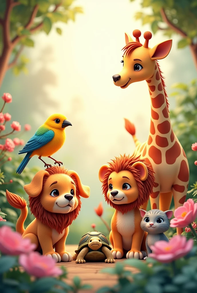 I want to create a cover for a coloring book , about cute baby animals, in 3d place several animals Dog Cat Bird Lion Giraffe Turtle