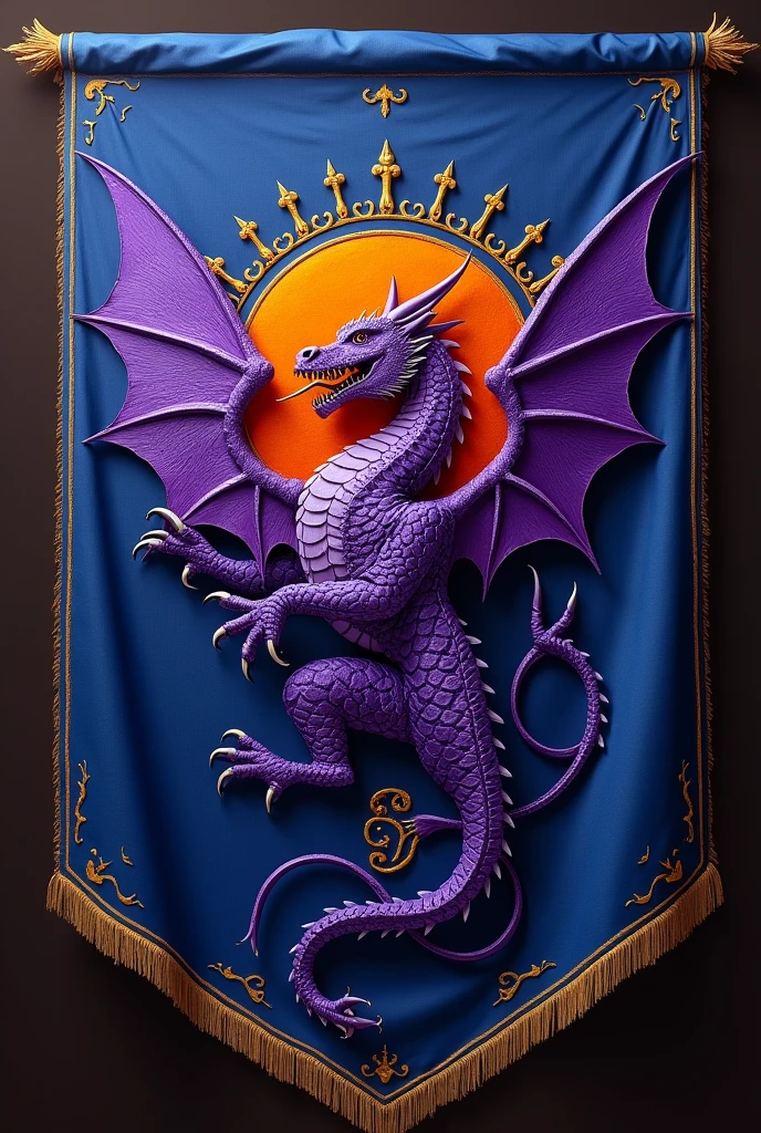 Royal blue flag with purple dragon coat of arms with open wings in front of an embroidered orange sun