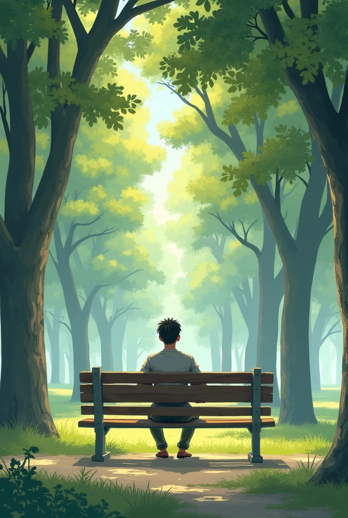 outline: Draw a person sitting on a park bench, breathing deeply and relaxing.
detaileds: Add details like trees in the background and a peaceful atmosphere. Use soft tones to convey the peace and serenity of the moment..