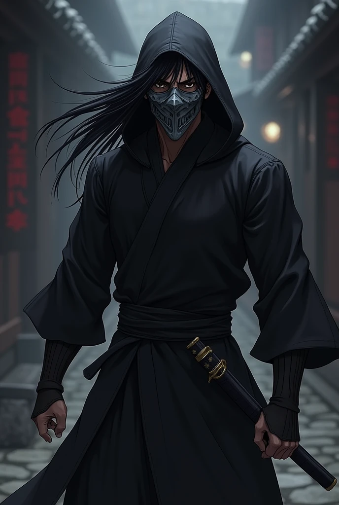 Create an anime style male character wearing a black ninja outfit with a hood and long black hair with a gray hannya samurai mask 