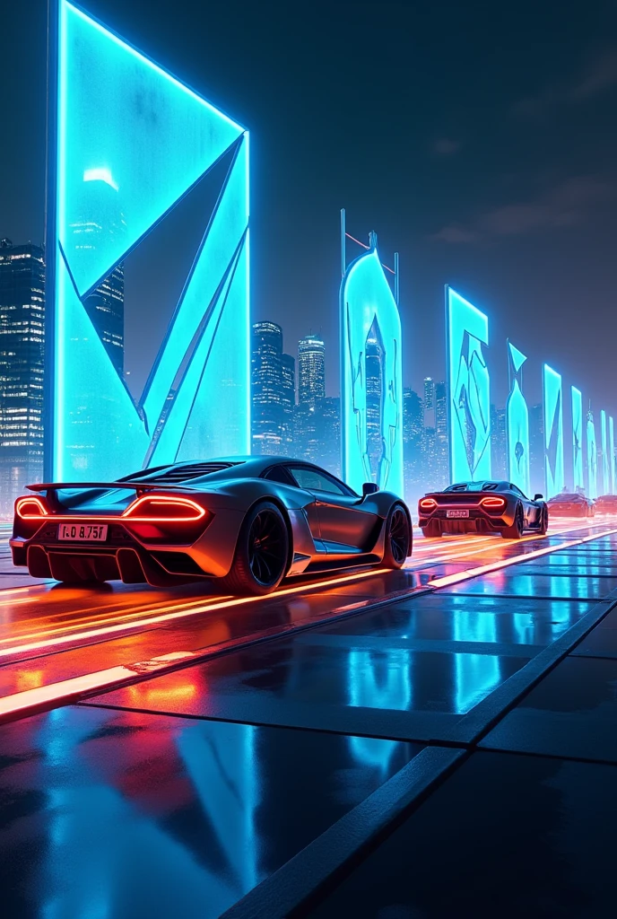 rising graphics in blue and orange neon with sports cars in the background