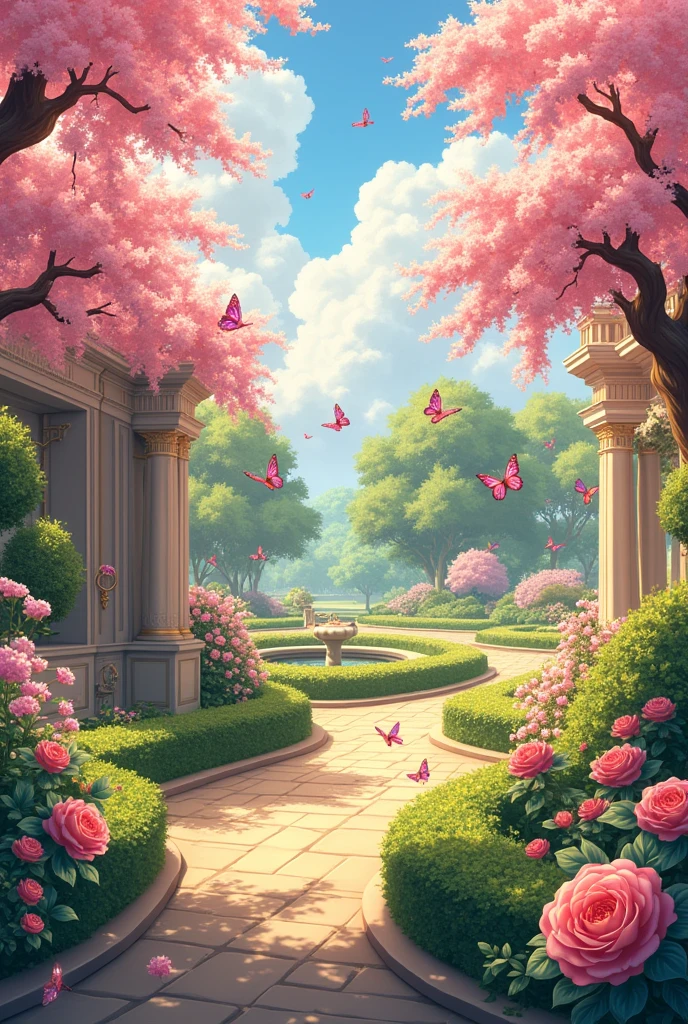 A beautiful anime royal garden in a palace ,with flower blooming, butterflies every where which glowing sun rays falling on them