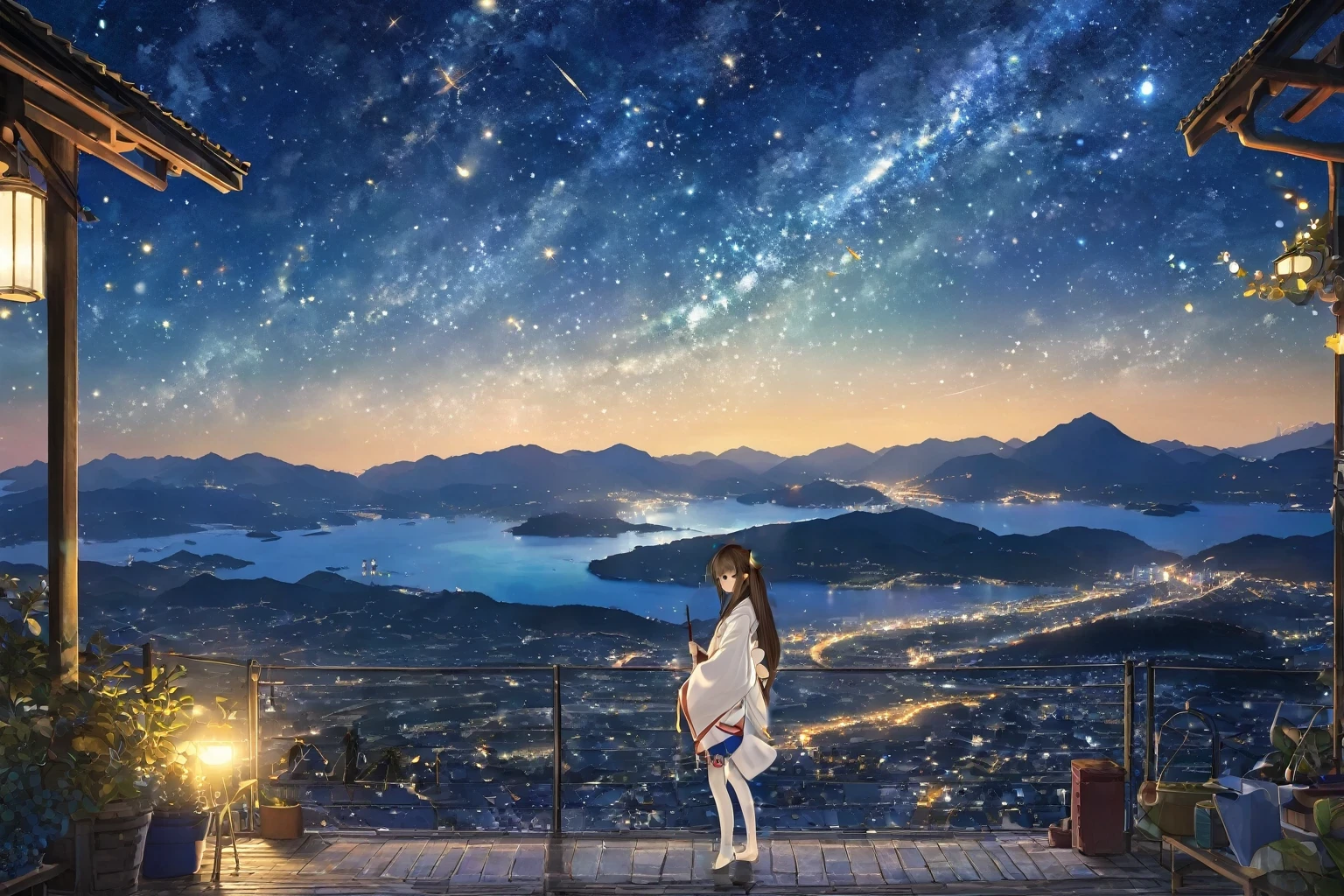 brown long hair,wearing japanese clothes,miko,miko thighhighs, girl,white clothes,