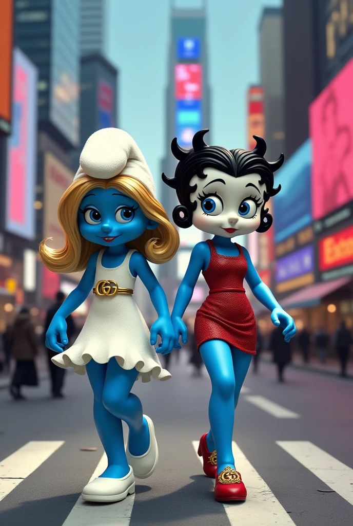smurfette with blue skin and Betty boop with white skin are cartoon characters as supermodels wearing Gucci and walking through the streets together.