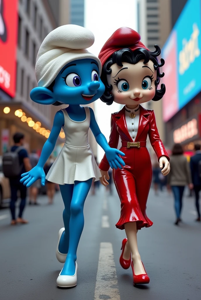 smurfette with blue skin and Betty boop with white skin are cartoon characters as supermodels wearing Gucci and walking through the streets together.