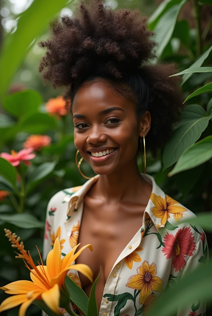 A Brazilian woman in a lush tropical garden, wearing an open shirt with a floral print, with a close-up capturing the harmonious beauty between her breasts and the natural flowers, showing off your natural charm and outgoing personality.