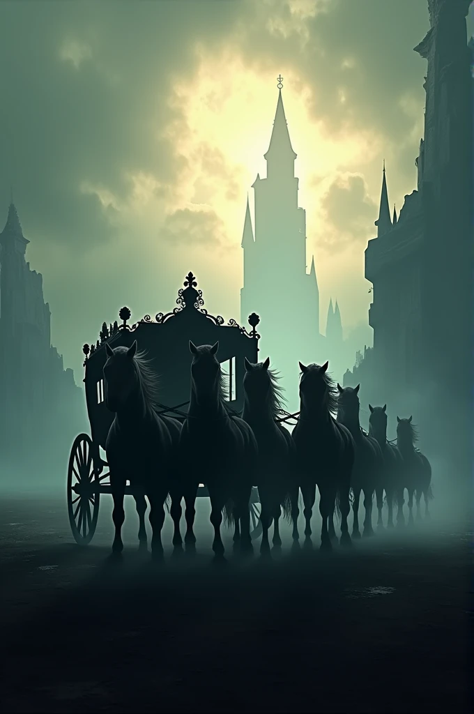 Make a silhouette of a carriage and 7 horses