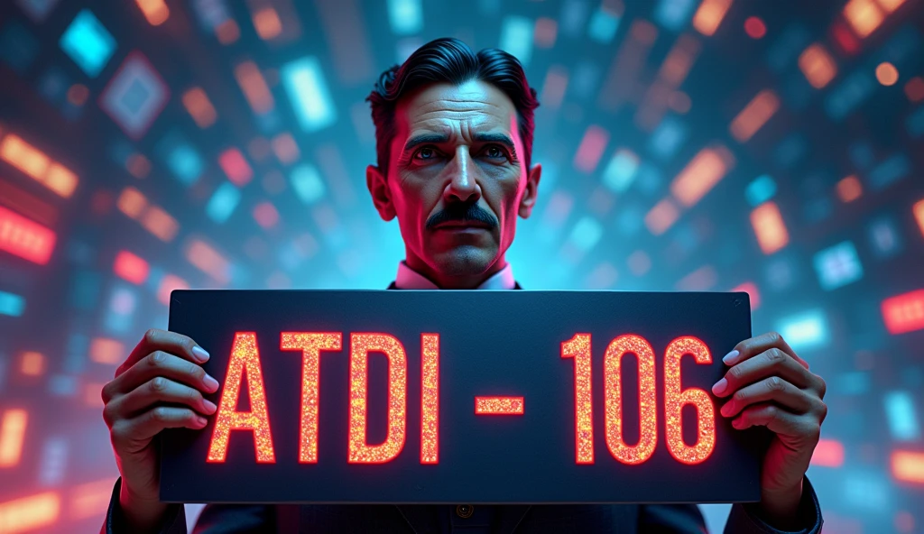 a highly detailed digital illustration of Nikola Tesla holding a sign that says "ATDI-106" against a background filled with icons representing digital tools such as rs, iot, ai, cloud, wifi, etc, cinematic lighting, 8k, photorealistic, concept art style, vibrant colors, dramatic shadows, metallic textures, futuristic, Texto Principal: "O Futuro da IA: Realidade ou Hype?" Estilo da Fonte: Negrito e grande, com cores brilhantes como azul ou vermelho para se destacar. Texto Secundário: Texto Adicional: "O Que a IA Generativa Realmente Pode Fazer?" Estilo da Fonte: Menor e complementar ao texto principal, em uma cor contrastante para garantir legibilidade.