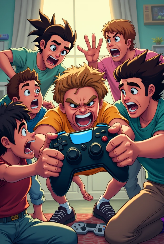 Make a YouTube channel banner with 6 people fighting over a video game controller