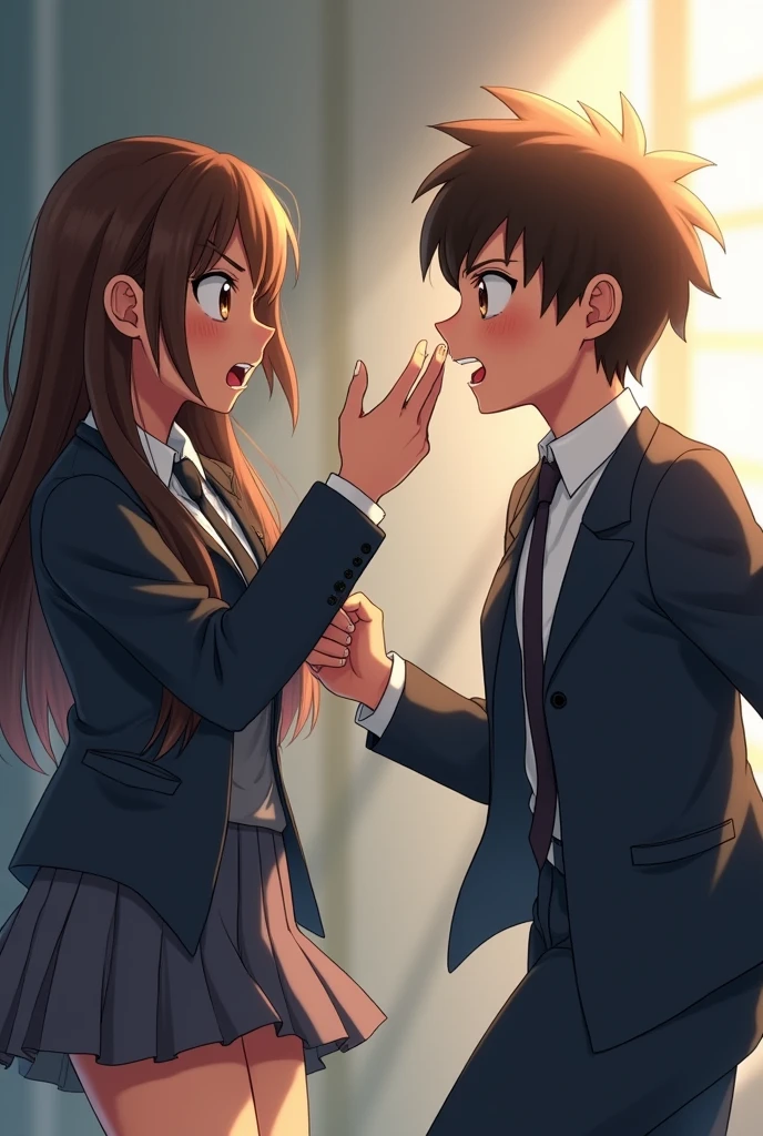 I want an image of a girl in a school uniform with brown skin and straight brown hair and brown eyes and even boys with brown hair and brown eyes and in a school uniform (I want the image to show the girl in uniform slapping the boy in uniform in the face.)