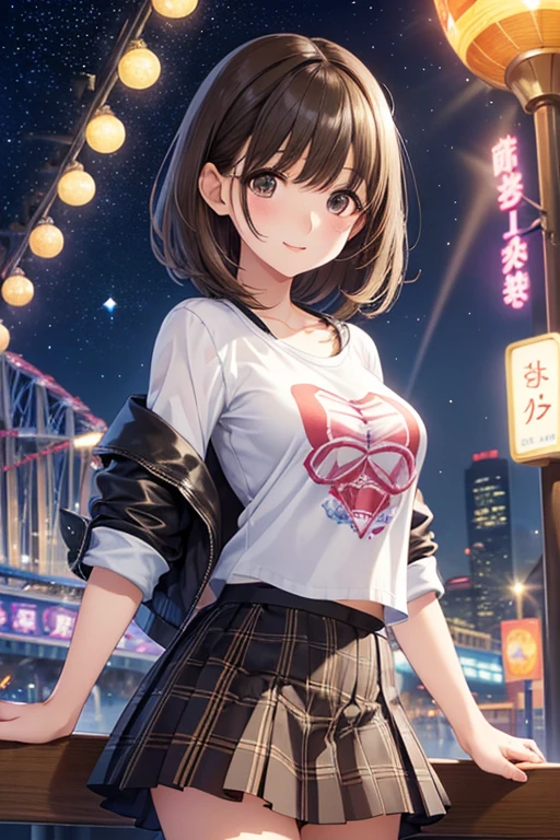 anegasaki nene、Shiny brown hair, short hair, (Beautiful brown eyes、Sparkling eyes, Fine grain)、smile、Ultra-detailed eyes、Very detailed顔, Very detailed目,
(One girl, alone, alone),, Very detailed, Soft indirect lighting, 4K, Perfect Eyes,Perfect lighting,
( She's wearing a white T-shirt with a rock band print., She's wearing a checkered skirt and a leather jacket with a tattoo), ( She's riding on a brightly lit amusement park ride on a starry night ), ((( parade, Are standing )))