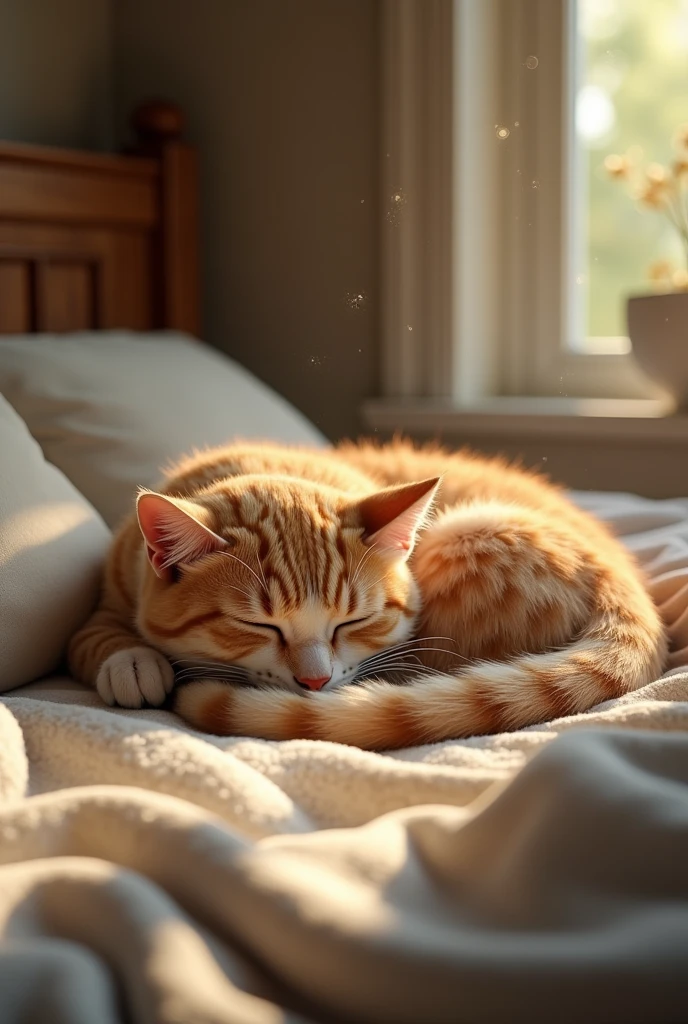 best quality,masterpiece,8k,photorealistic,ultra high res,extremely detailed,finely detail,ultra realistic,professional lighting,best shadow,sunlight,Lens Flare,Cat sleeping in bed house,You can see the fine dust dancing in the light.