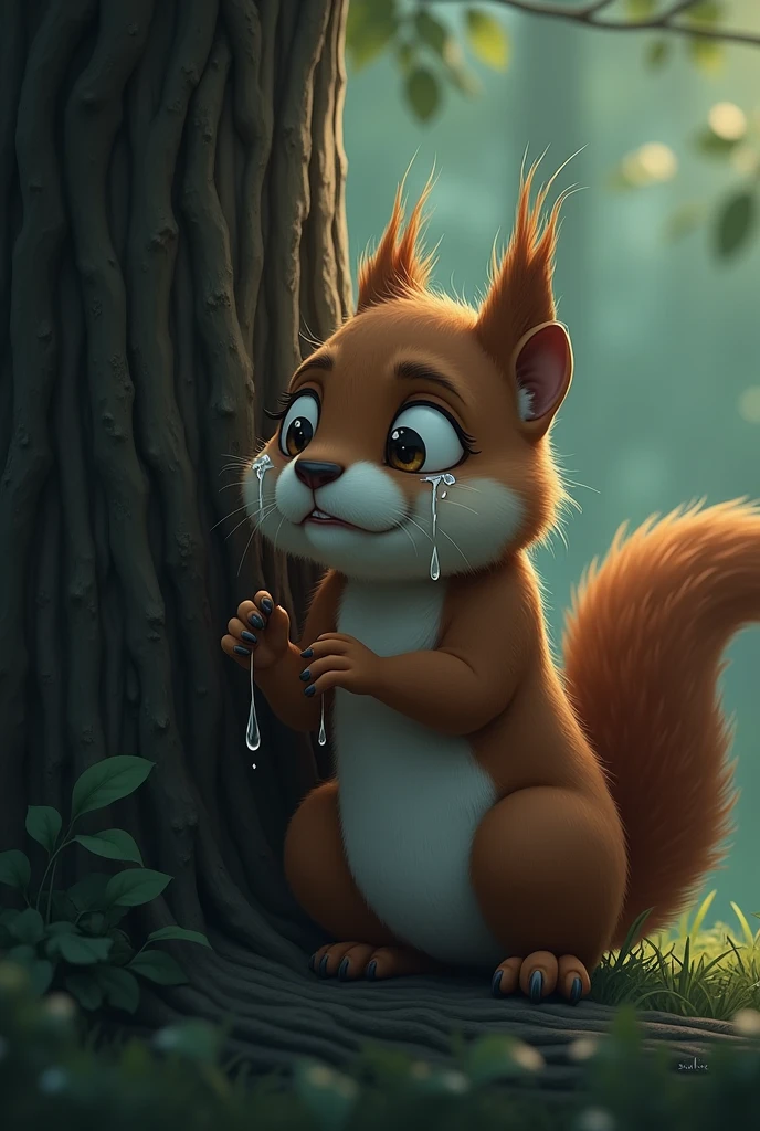 A male squirrel shedding many tears while looking at a tree