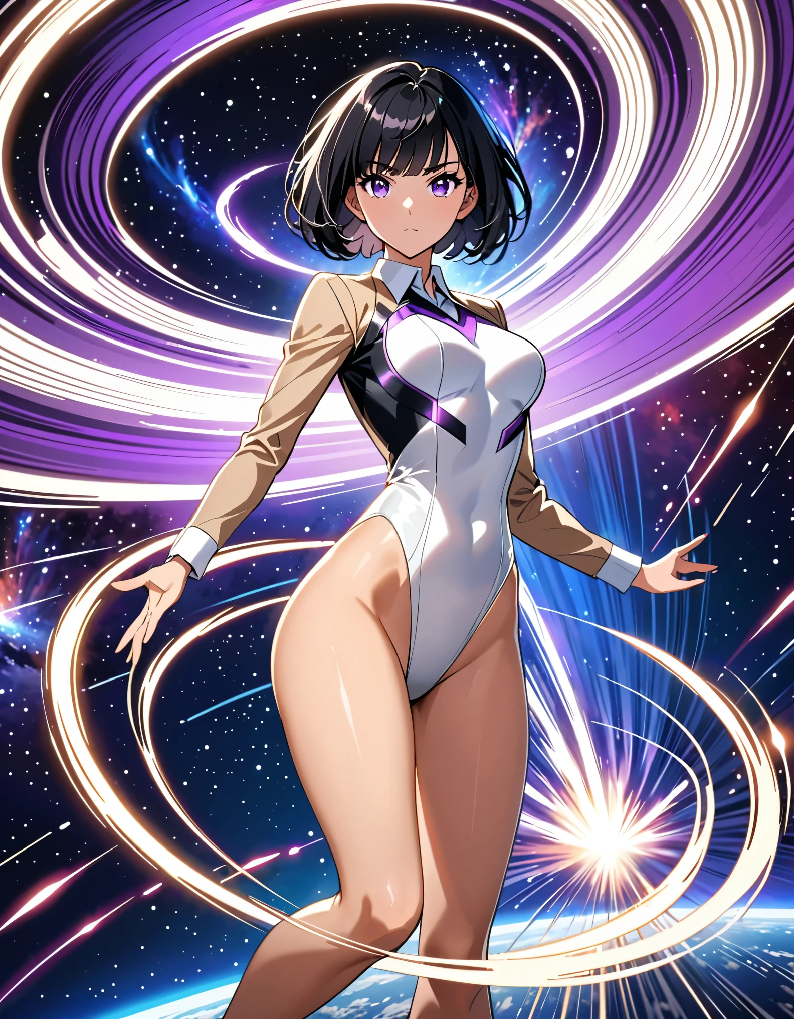 (masterpiece), (best quality), (medium breasts), solo, (jet black hair, short hair, bob hair, purple eyes, bangs), (full body), space backdrop, solo, solo focus, standing, beige suit jacket, white shirt, collared shirt, white leotard, bare legs, matching black shoes, (perfect hands, perfect anatomy), cowboy shot, superhero, ((beautiful detailed eyes)). spread arms, (spinning), (she spins) fast in place like a (tornado), spinning in place, tornado spinning, rapid gyration, (dynamic spin pose), space backdrop, motion blur, speed lines around her, spiral lines around her, tornado, time warp, (spinning energy pulse around her), light particles, serious.