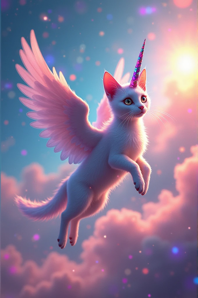 Unicorn cat with wings flying with a rainbow
